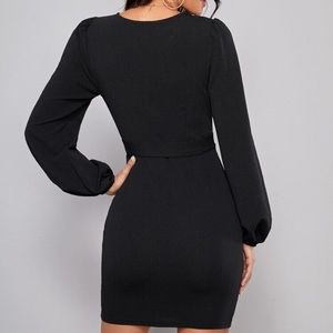 Vintage pillow bell Longsleeve deep V black silky mini dress